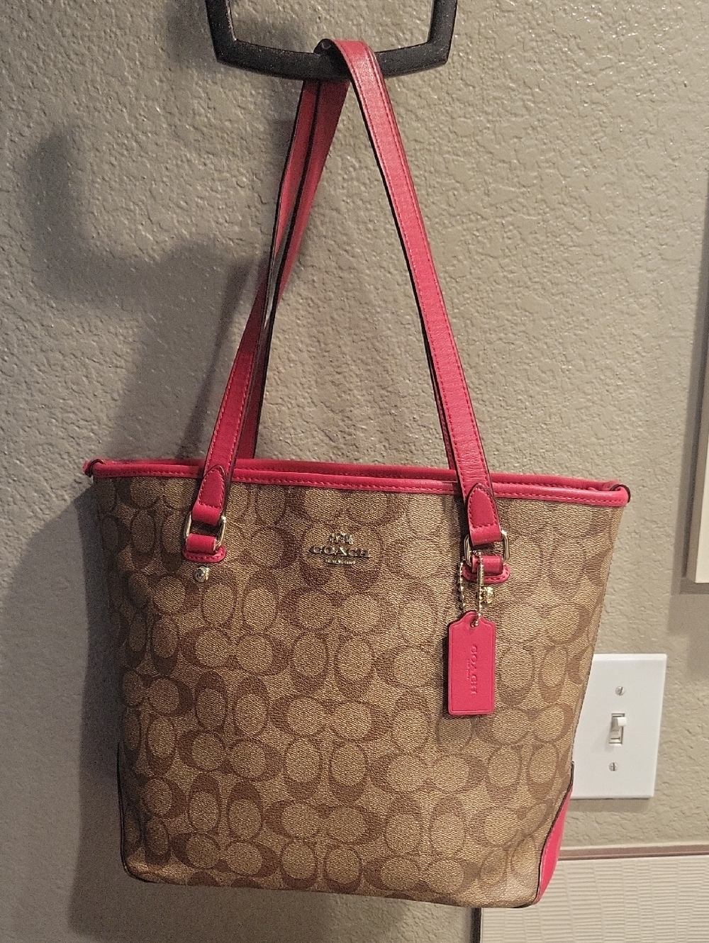 Coach Signature Canvas Tote with Pink Trim